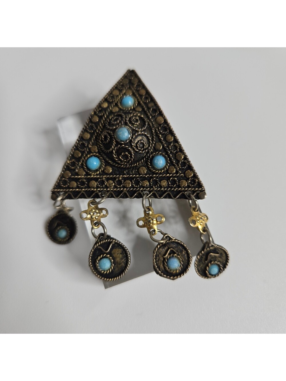 Vintage Israel Sterling Silver 925 Filigree Turquoise Dangle Brooch Pendant Pin